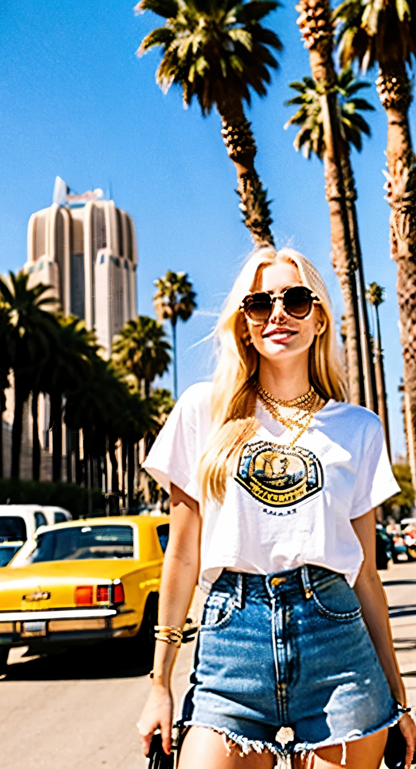 "A young woman with long, flowing blonde hair stands confidently on a bustling city street. She wears a vintage band tee, high-waisted denim shorts, and colorful sneakers. Layered gold necklaces adorn her neck, and oversized sunglasses shield her eyes from the California sun. Behind her, the iconic palm trees and skyscrapers of Los Angeles tower into the sky, capturing the vibrant energy of the city."