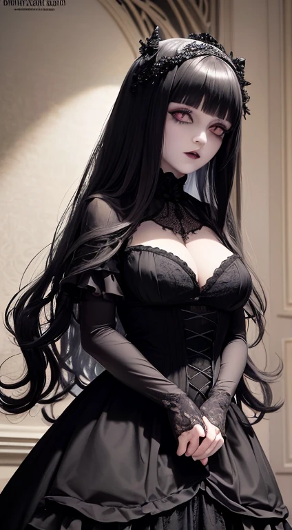 ((standing pose))((sexy tall gothic english supermodel)) ((beautiful face)) (red lipstick) (very dark eyeshadows make up)) ((big bright light blue eyes)) ((very long and very straight black hair)) ((very pale skin)) ((very huge breast:1.4)) ((perfect slender body1.3)) ((wears gothic maid ta dress)) (()) ((choker, earrings, black stocking)) (())(())((beauty supermodel, posing sexy inside dark photo studio, gloomy ambient))(high resolution, dynamic shadows)((photorealistic:1.7)) ((masterpiece:1.3)) (8k) (perfect face) ((best quality:1.4)) (perfect hands and eyes)