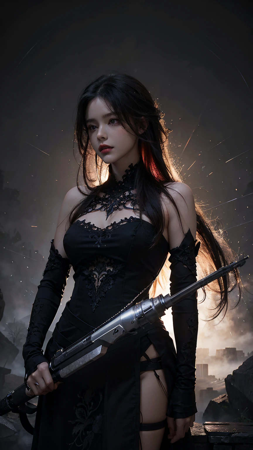 masterpiece, highest quality, Ultra-realistic Ultra-High Resolution, Depth of the bounds written, silky smooth skin, Primitive fear ,Inkie ,Abyssal Realism ,ray tracing,Color Inclusions: black, Burgundy, ivory, transparent,Final Fantasy VIII, squall, The Silent One, in the forest,angle: From below Background: Gun Blade ,ink painting, transparent watercolor, Ink explosion, Super detailed, Lots of little details, hyper realism, clear outline, dark tone, dark fantasy, vector graphics, digital art, dress