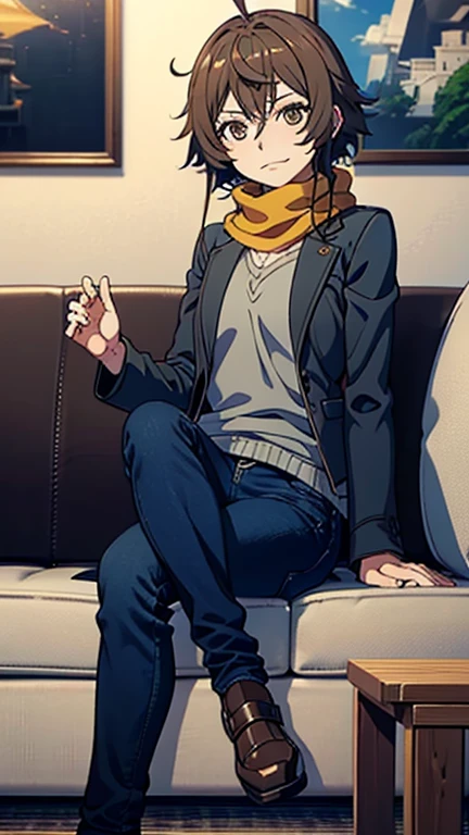 bell, Anime, Brown hair, Medium breast, Brown eyes, Slight smile, jeans, scarf, Gray jacket, Blue pants, He sits, Cross-legged, Inside the smart home, He sits on the couch, Wajah Asada Shino, Anime Sword Art Online, Best quality