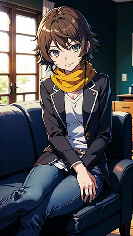 bell, Anime, Brown hair, Medium breast, Brown eyes, Slight smile, jeans, scarf, Gray jacket, Blue pants, He sits, Cross-legged, Inside the smart home, He sits on the couch, Wajah Asada Shino, Anime Sword Art Online, Best quality