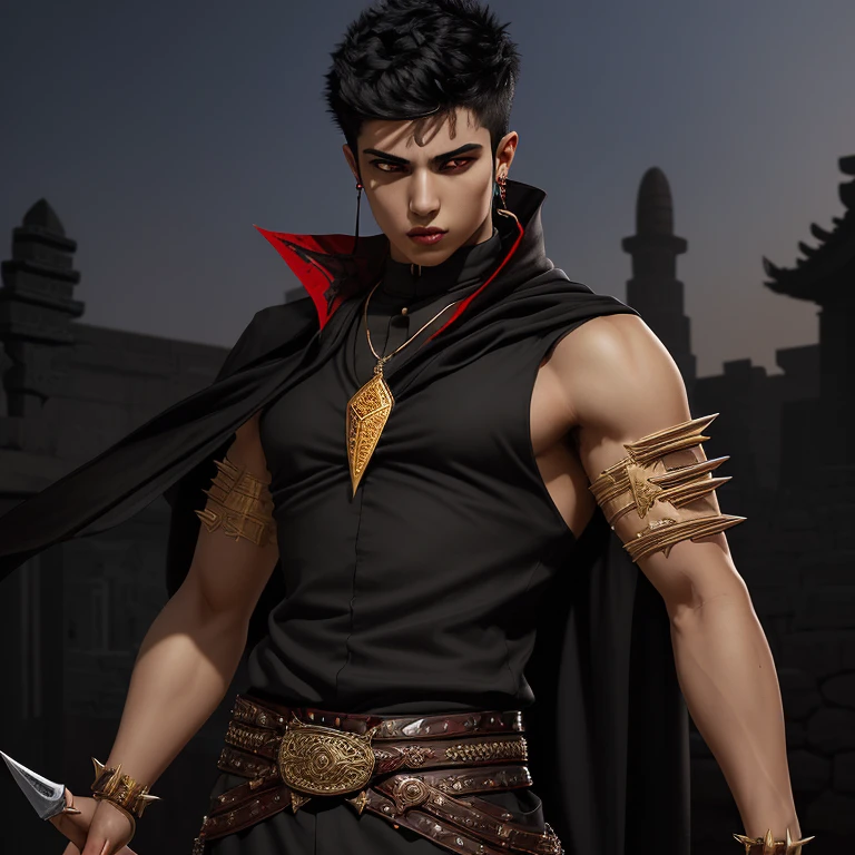 20-year-old boy with black Arab assassin costume with red decorations, light brown eyes, Olivio skin, short spiked black hair, Arab skin, muscular build, slim belt with daggers with golden daggers, black handle with ruby, necklace with vampire emblem, looking straight at the spectator ancient temple background