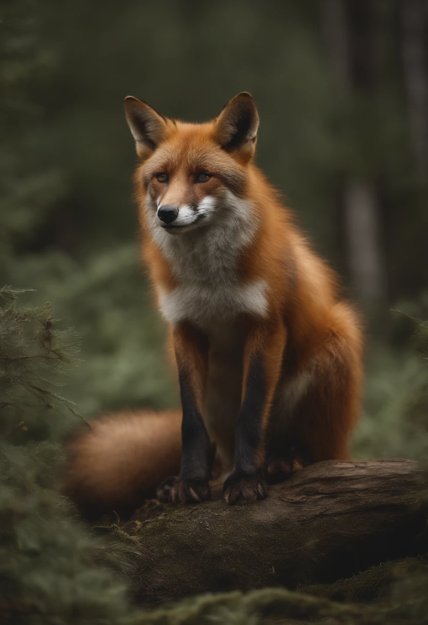 Fuchs + in grellen Farben , Hintergrund Bergkette , realistische Darstellung, niedlich, flauschig