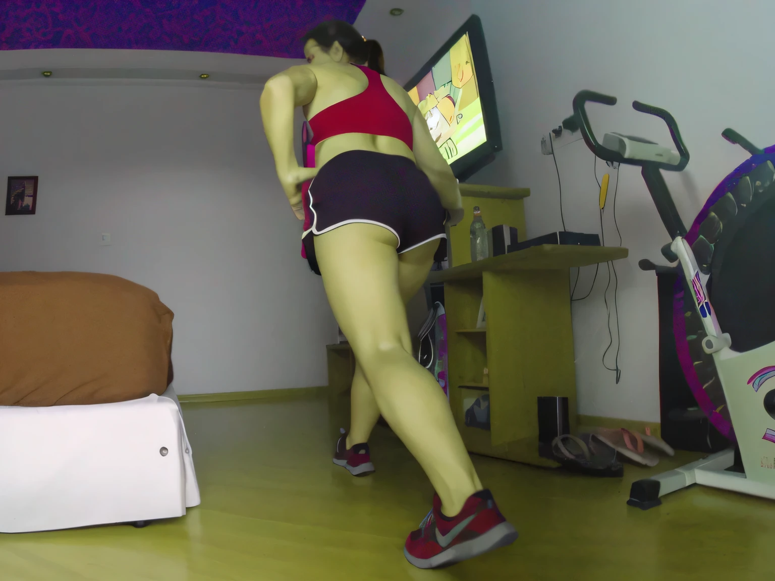 RAW, Best quality, high resolution, Masterpiece: 1.3, Beautiful brunette. Best quality, high resolution. Realistic, detailed, full-length woman in a blue top and black short shorts, very short woman in a blue top and black shorts is using an exercise bike, in shorts, legs and arms, long shot from back, sports bra and dark blue shorts, sports bra and shorts, shot from behind, working out, toned legs, thighs!!!!!!, A high resolution,(photographrealistic),Cute Girl,Sexy Pose, 8K, NFSW, A cute Brazilian woman, Smile, Underwear, opens legs,Tennis Uniforms, a miniskirt, Cowgirl, I'm sweating, Male genitals entering the crotch、fitness body, sports bra and dark blue shorts, toned legs. She is around 35 years old, a woman in good physical condition. Masterpiece, best quality, (best quality), realistic lighting, 8k.
