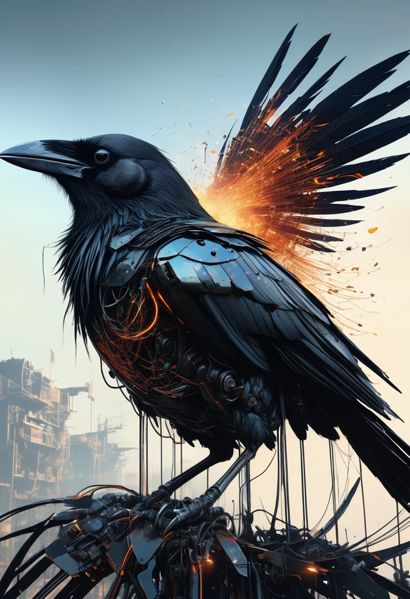 A masterful artistic digital rendering of a sinister cybernetic crow made from sparks and fire by Simon Prades, h.r giger, russ mills, Shaun Ryken, celestial, UHD, 8k resolution, fantasy editorial art, complex and hyperdetailed, beautiful composition, a modern surrealistic masterpiece by Dan Mumford