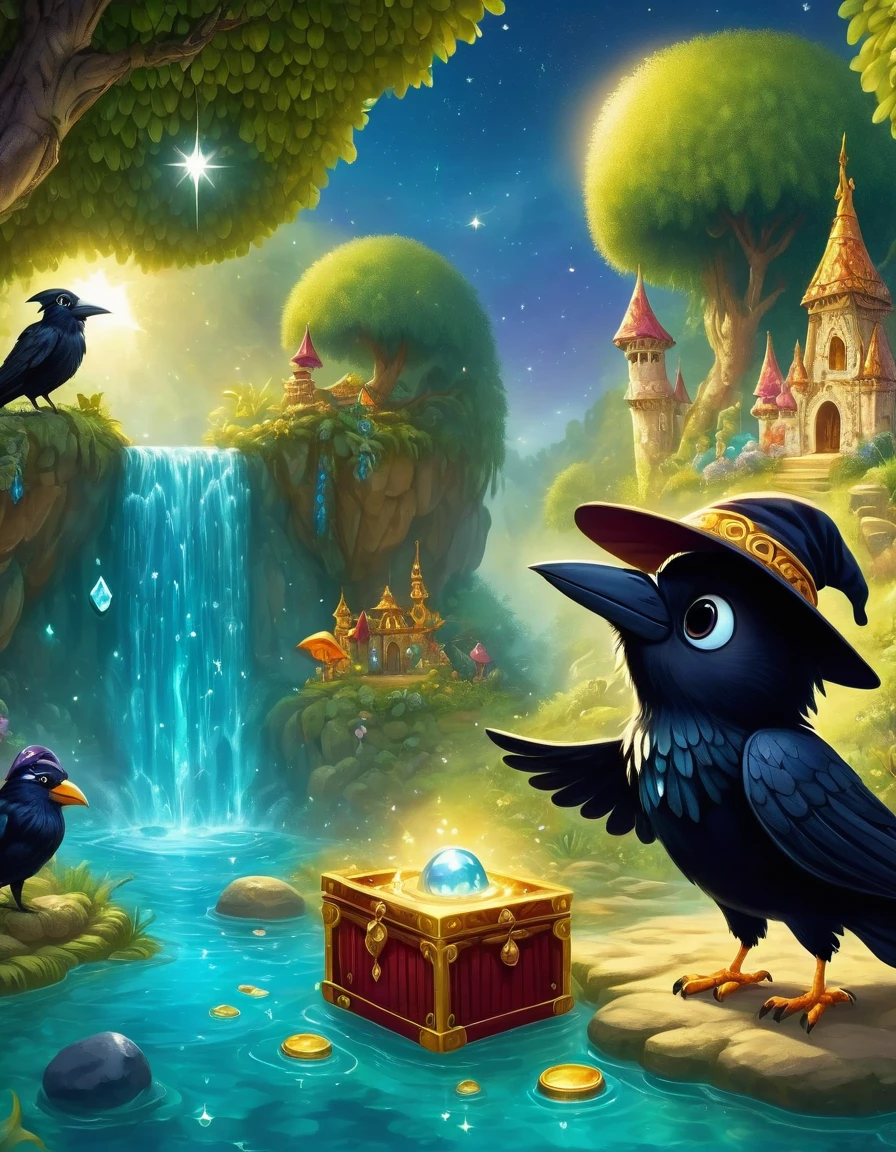 When a cute crow walked into the dark cave，A faint ray of sunlight shines through the gap of the wizard&#39;robe，Wear a special magician costume, Wear a pointed hat，Teach with a wand，Wear a bright silk scarf，Embroidered with a gold expedition badge，It symbolizes courage and adventure，The cave is filled with an ancient atmosphere，The walls are covered with sparkling crystals，Go deep into the cave, The crow discovered a hidden passage，The walls of the passage are inlaid with pearls of strange shapes，Exudes a soft scent，Go through the passage carefully，I vaguely heard the sound of running water.，Stunning underground waterfalls， Waterfalls cascade from towering rock walls，A pool of crystal clear water is formed，Swimming pool glows blue，There seems to be endless treasure hidden，Explore underwater islands made of pearls and gems， There is an exquisite treasure chest on the island，Set with sparkling diamonds，The crow opened the box carefully..，Discover a land filled with sparkling gems and golden coin lighting, 第一人称view, view, panoramic, super wide angle, ultra high definition, anatomically correct, masterpiece, precise, Award-winning, best quality，Dress Animal Page