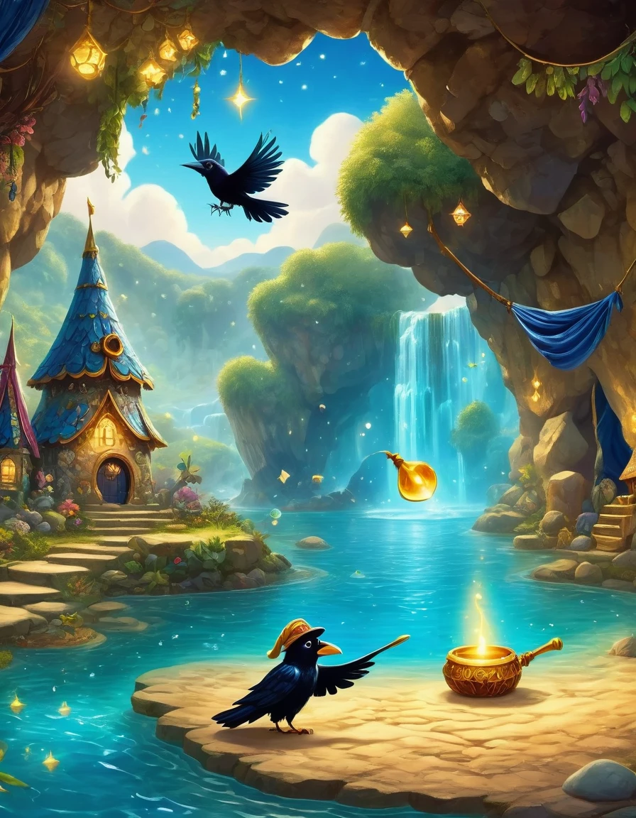 When a cute crow walked into the dark cave，A faint ray of sunlight shines through the gap of the wizard&#39;robe，Wear a special magician costume, Wear a pointed hat，Teach with a wand，Wear a bright silk scarf，Embroidered with a gold expedition badge，It symbolizes courage and adventure，The cave is filled with an ancient atmosphere，The walls are covered with sparkling crystals，Go deep into the cave, The crow discovered a hidden passage，The walls of the passage are inlaid with pearls of strange shapes，Exudes a soft scent，Go through the passage carefully，I vaguely heard the sound of running water.，Stunning underground waterfalls， Waterfalls cascade from towering rock walls，A pool of crystal clear water is formed，Swimming pool glows blue，There seems to be endless treasure hidden，Explore underwater islands made of pearls and gems， There is an exquisite treasure chest on the island，Set with sparkling diamonds，The crow opened the box carefully..，Discover a land filled with sparkling gems and golden coin lighting, 第一人称view, view, panoramic, super wide angle, ultra high definition, anatomically correct, masterpiece, precise, Award-winning, best quality，Dress Animal Page