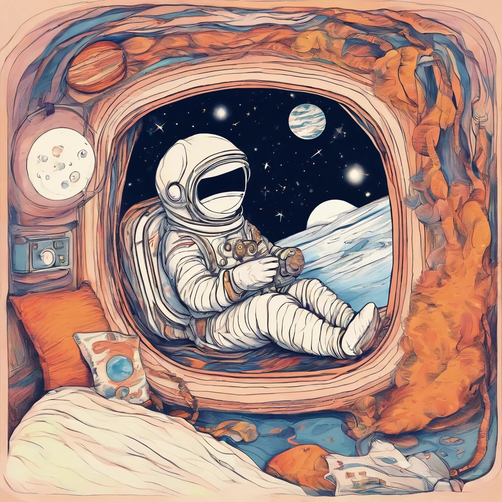 An astronaut in a spacesuit sleeps under a blanket in a cozy bed, in a cosy room, planets and space outside the window
Beautiful