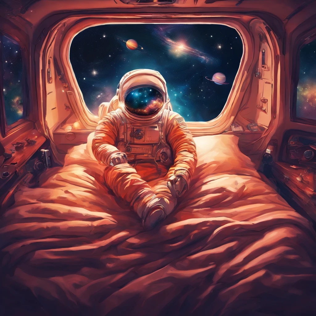 An astronaut in a spacesuit sleeps under a blanket in a cozy bed, in a cosy room, planets and space outside the window
Beautiful 