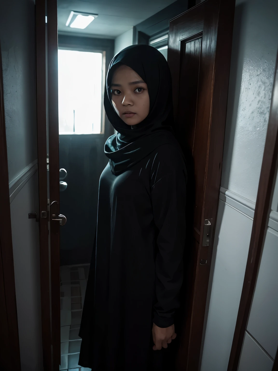 Horror and Scary atmosphere shooting. A beautiful woman from Indonesia peeked out the door, surrounded by total darkness, only the woman's eyes radiated light, an expression of fear and there was a very scary ghost appearance from in front of the door.