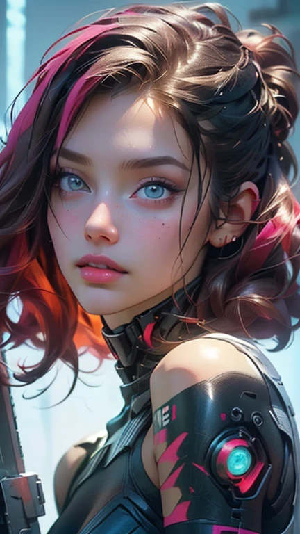 full body long shot:1.4, ((ultra detailed sensual and beautiful young woman)), sensual smile, with a tattoo on her arm and cheek, beautiful and modern hairstyle with a lock of pink hair, beautiful cyberpunk girl, beautiful face cyberpunk girl, dreamy, ((beautiful and detailed hair, soft and luminous:1.3)), dark environment, ultra-realistic 8k, cyberpunk 20 years old. or model girl, The portrait, Highly detailed 32k digital art, beautiful digital artwork, Cyborg Cyberpunk. pink, orange, cyan, brown colors, realistic digital art in 8k, soft neon lighting on the face and body, (( Highly detailed: 1.4), (( masterpiece )), ( Hyper detailed and beautiful: 1.3), (Photorealistic: 1.4)
