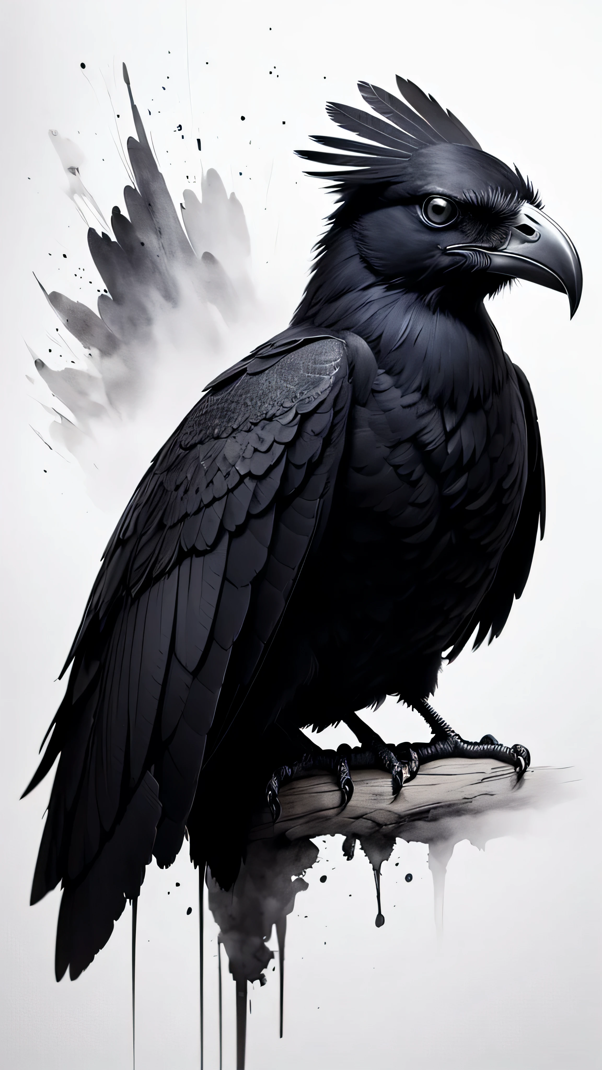 Raven drawing, clean line, detailed feathers, piercing eyes, parchment paper, aged, ink painting, high contrast, high quality, 4k resolution, professional artwork, haunting presence