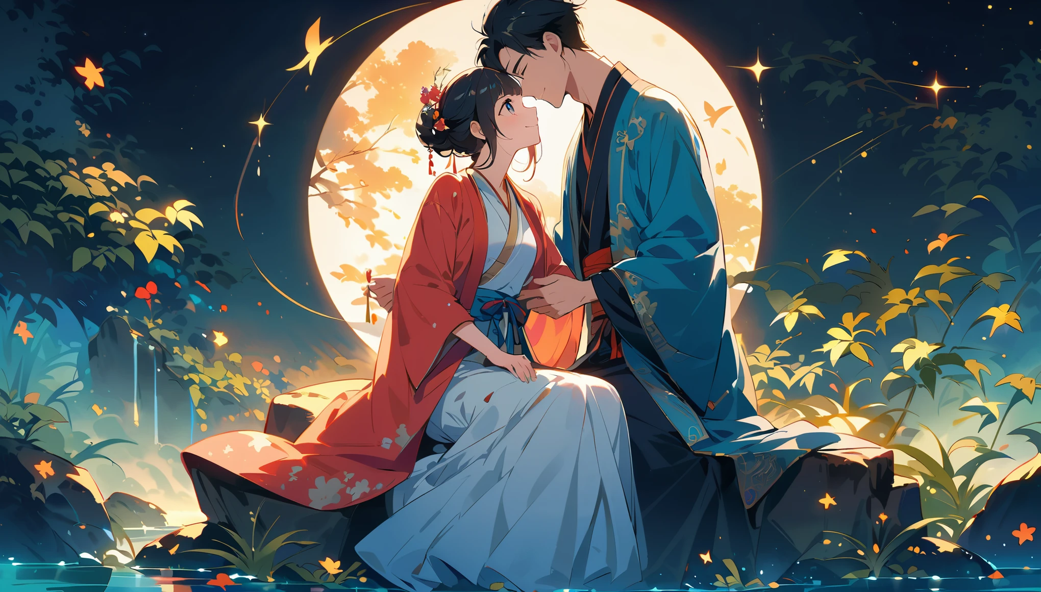 A scene from the TV series "Chinese fairy tale", featuring two young men sitting on rocks under trees, gazing at each other with white moonlight shining through leaves and illuminating their faces. The man is dressed in traditional Hanfu attire while his lover wears blue , both smiling slightly as they gaze into one another's eyes. A large full moon lights up the night view behind them with bright stars. In front there’s an open space where some green plants can be seen. In the style of Chinese art, with Chinese elements and fantasy, with movie light effects and in high definition. 