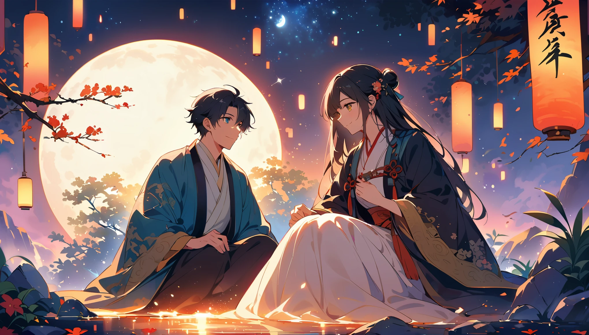 A scene from the TV series "Chinese fairy tale", featuring two young men sitting on rocks under trees, gazing at each other with white moonlight shining through leaves and illuminating their faces. The man is dressed in traditional Hanfu attire while his lover wears blue , both smiling slightly as they gaze into one another's eyes. A large full moon lights up the night view behind them with bright stars. In front there’s an open space where some green plants can be seen. In the style of Chinese art, with Chinese elements and fantasy, with movie light effects and in high definition.