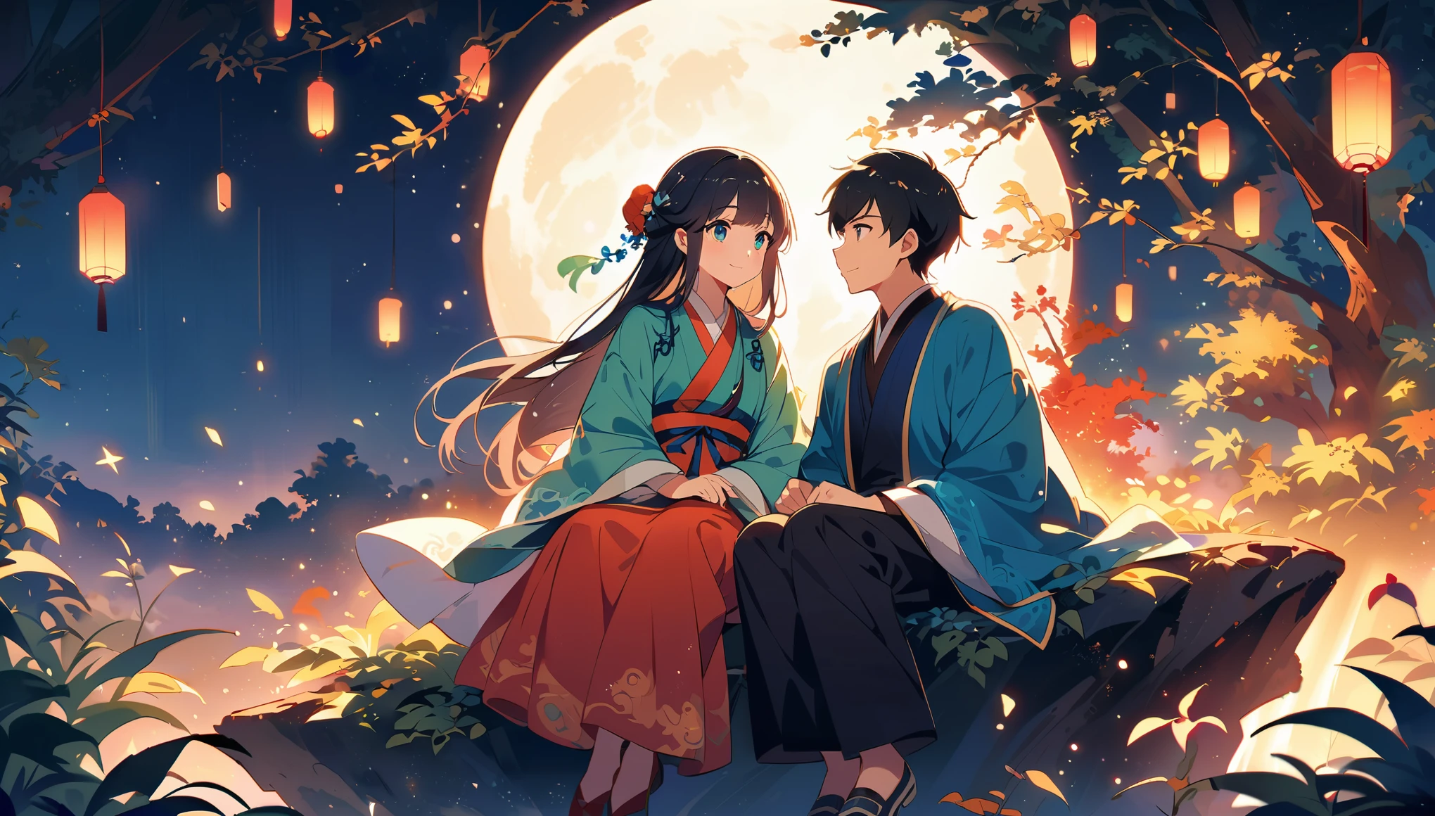 A scene from the TV series "Chinese fairy tale", featuring two young men sitting on rocks under trees, gazing at each other with white moonlight shining through leaves and illuminating their faces. The man is dressed in traditional Hanfu attire while his lover wears blue , both smiling slightly as they gaze into one another's eyes. A large full moon lights up the night view behind them with bright stars. In front there’s an open space where some green plants can be seen. In the style of Chinese art, with Chinese elements and fantasy, with movie light effects and in high definition. 