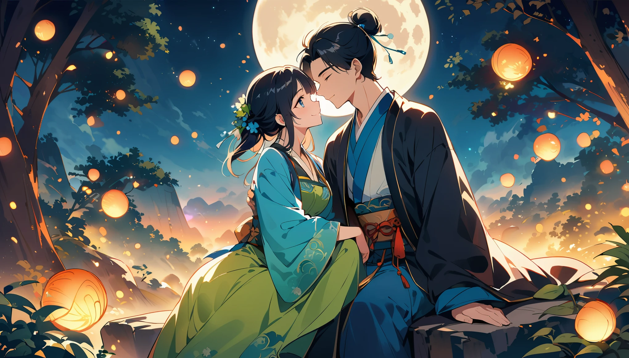 A scene from the TV series "Chinese fairy tale", featuring two young men sitting on rocks under trees, gazing at each other with white moonlight shining through leaves and illuminating their faces. The man is dressed in traditional Hanfu attire while his lover wears blue , both smiling slightly as they gaze into one another's eyes. A large full moon lights up the night view behind them with bright stars. In front there’s an open space where some green plants can be seen. In the style of Chinese art, with Chinese elements and fantasy, with movie light effects and in high definition. 