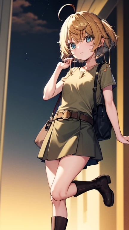 Light orange eyes,Faded, light orange hair, anime 1 girl, Al Khaki t-shirt, Khaki skirt, Brown military boots, The bag is on the waist belt, khaki bikini, "Black socks", "dark_Orange knee pad on right leg", Night city