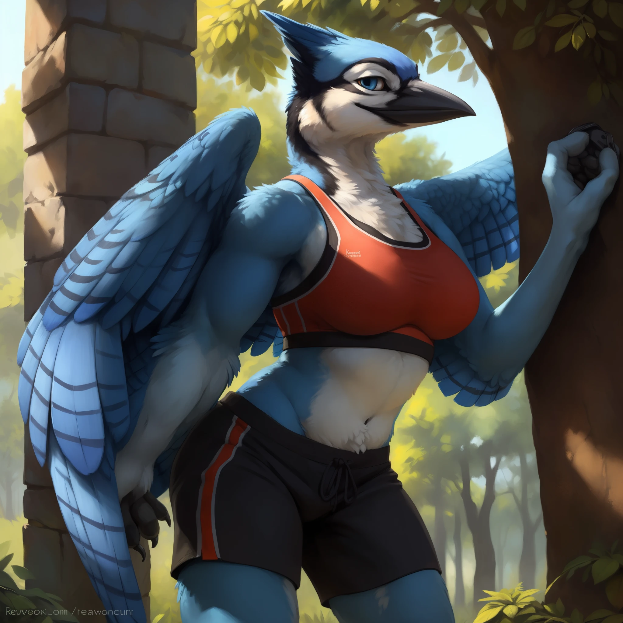 quarter view, close up view, third person view, stone wall, a beautiful and detailed portrait of a huge female feral blue bird, (scrub jay, bluejay), (((membranous_wings, correct anatomy))), feathered wings, kenket, Ross Tran,ruan jia, trending on artstation,foxovh, cenematic lighting, vip, body, full body, lookin at viewer, standing, arms behind back, (((park))) smile, big , big , (((red sports bra, black shorts))), front view, blue eyes,
