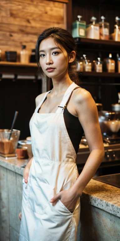 A girl in a Starbucks uniform makes coffee,double-ponytail,Wearing a baseball cap on his head,Slightly chubby figure,Clothes and skin are soaked all over,(wetclothes:1.8),Reflective skin,Sweaty skin,high high quality、tmasterpiece、Hyper-Resolution、barechested、NAKED Apron、wearing apron、full bodyesbian、