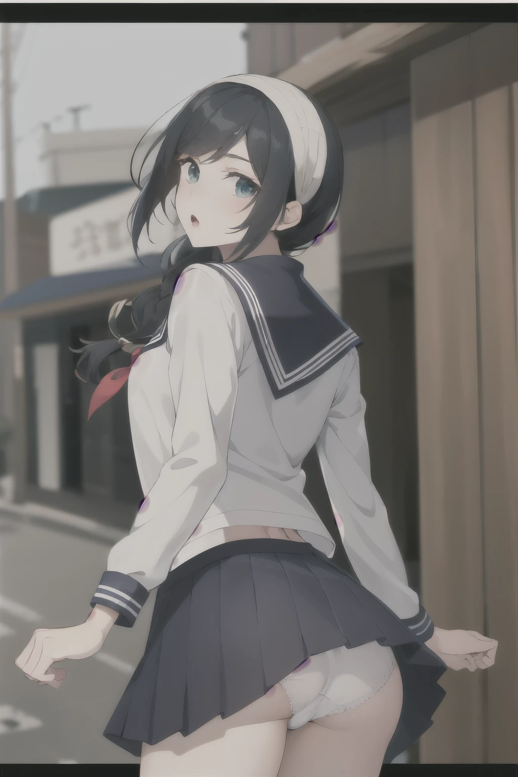 1girl, AmanaiRiko, solo, white_panties, school_uniform, sailor_collar, serafuku, letterboxed, braid, blue_sailor_collar, looking_at_viewer, long_hair, open_mouth, parted_lips, bangs, :o, shirt, Taisho era, rear view, shows ass, butt