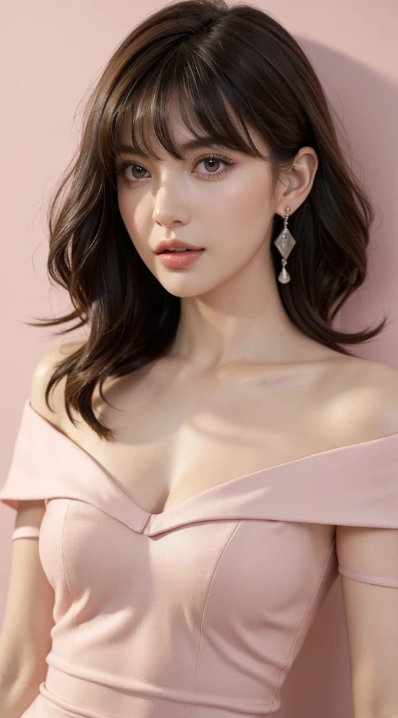 beautiful woman, italian woman, europian, europe woman, masterpiece, best quality, ultra detailed, (photorealistic:1.5), in the dark, deep shadow, low key, cold light, sexy look, pink light, shiny eyes, detailed face, full body, detailed body, wearing earrings, beautiful eyes, hazel green eyes, detailed eyeshadows, detailed eyelashes, brown hair, wispy fringe bangs haircut, (attractive:1.6), sharp focus, seductive eyes, (short hair:1.3), (wavy hair:1.2), pink off shoulder bodycon dress, elegance, elegant looks (beautiful:1.6)