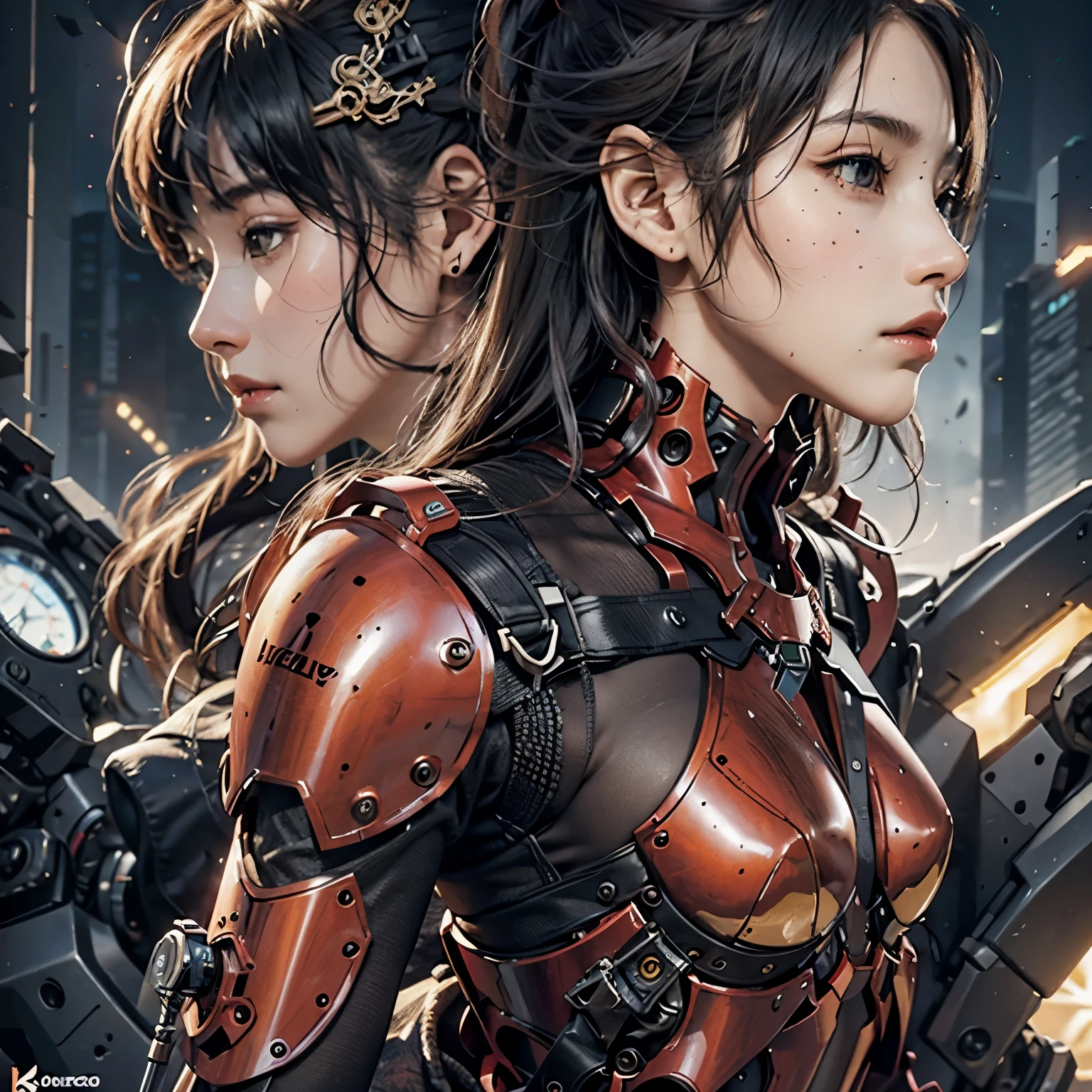 (masterpiece), (best quality), photorealism, actual, Super detailed, perfect face, Perfect body, 1 girl, beautiful girl, red armor girl, Mechanical armor, Exoskeleton, stand, cool pose, Sexy, View from behind