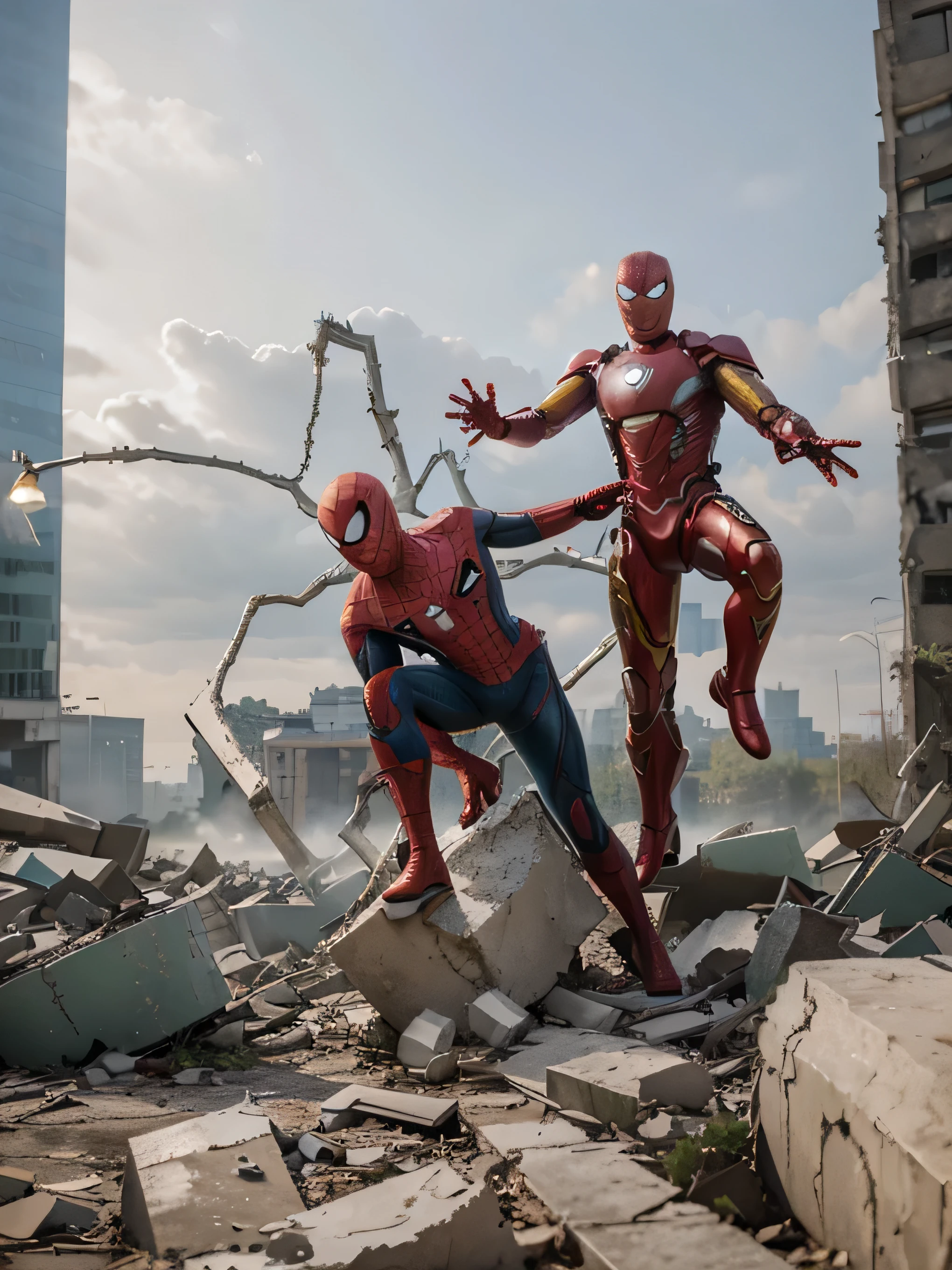 Spider-Man and Iron Man, stone floor, bush, clay, background with destroyed buildings and sky.