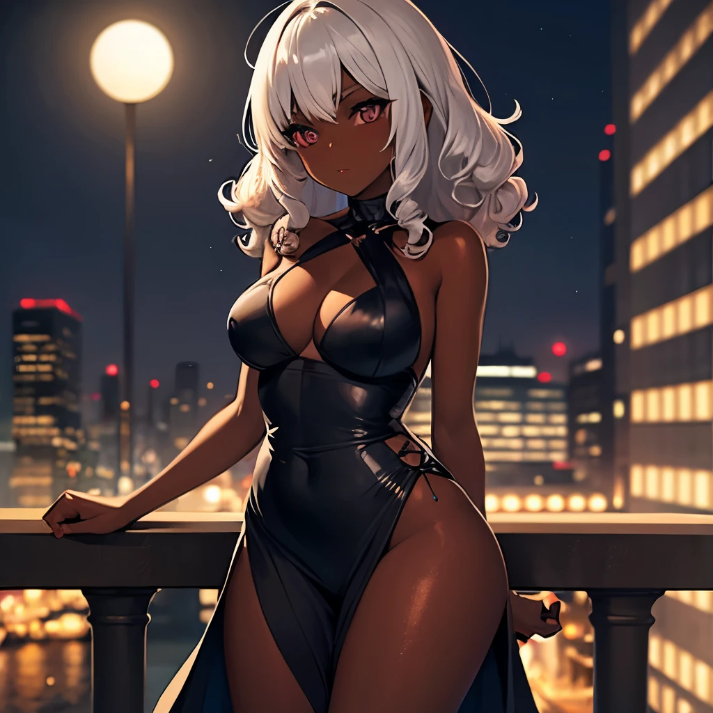 dark skin girl, curly hair, hot dress, night city
