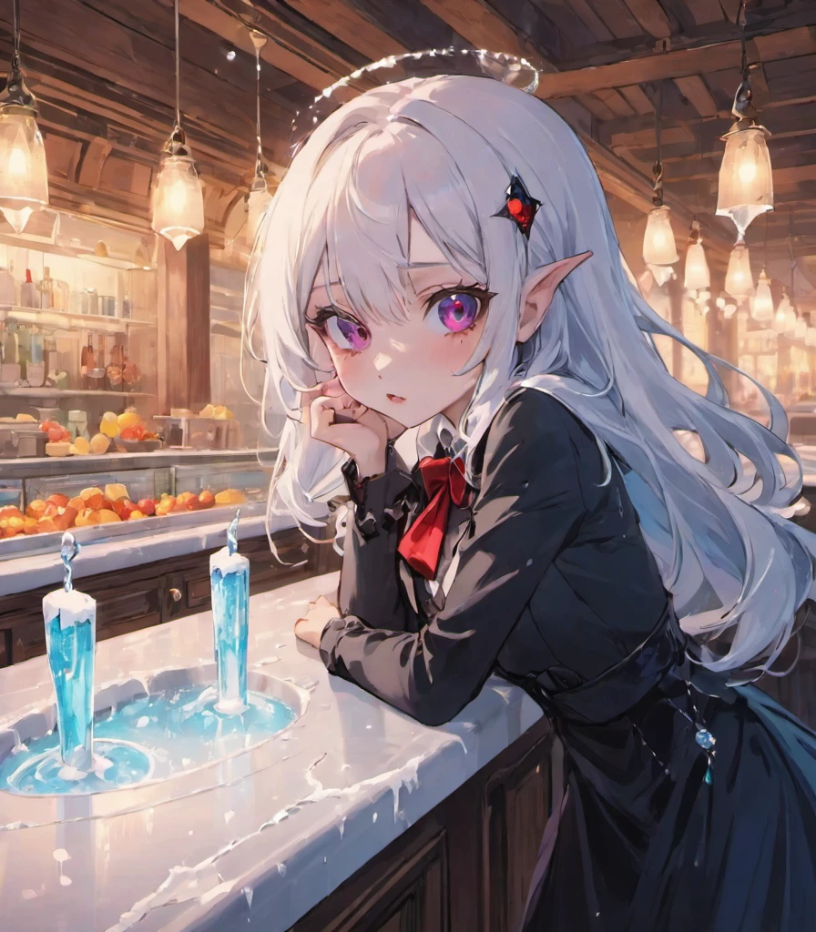 (colorful cartoon:1.3), ((frontal portrait)), ((solo)), (((pretty vampire girl behind a counter))), (((elegant clothes))), (((vivid big eyes))), (((delicious food))), (((rustic icicles))), breathtaking, 4k, ultra high quality, shiny, romantic, (((shiny ethereal sparkles))), ((frosty futuristic kitchen)), ((((rime ice on the counter))), (((looking at the viewer)))