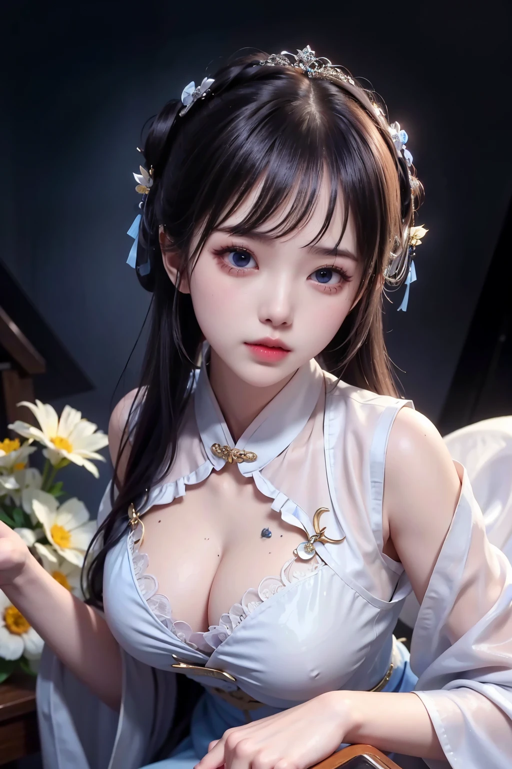 Wet-breasted Hanfu open V-chested clothes, All pictures, Wet body of thin silk fabric, Thin silk lace petticoat,princess 8 yeald old cute, (huge ,cleavage),petticoat, white pink, blue ,best qualtiy,tmasterpiece,ultra high resolution,(Realism:1.4),RAW photogr,(True skin texture:1.3),(filmgrain:1.3),(Selfie angle),1个Giant Breast Girl,Beautiful eye and face details,tmasterpiece,Best quality at best,exposing thighs,Bigchest,The chest is more exposed,short detailed hair,above looking down facing at camera,short dressPrincess Eyes,Super big eyes,Detailed face,shiny pupils, randome color short dress
