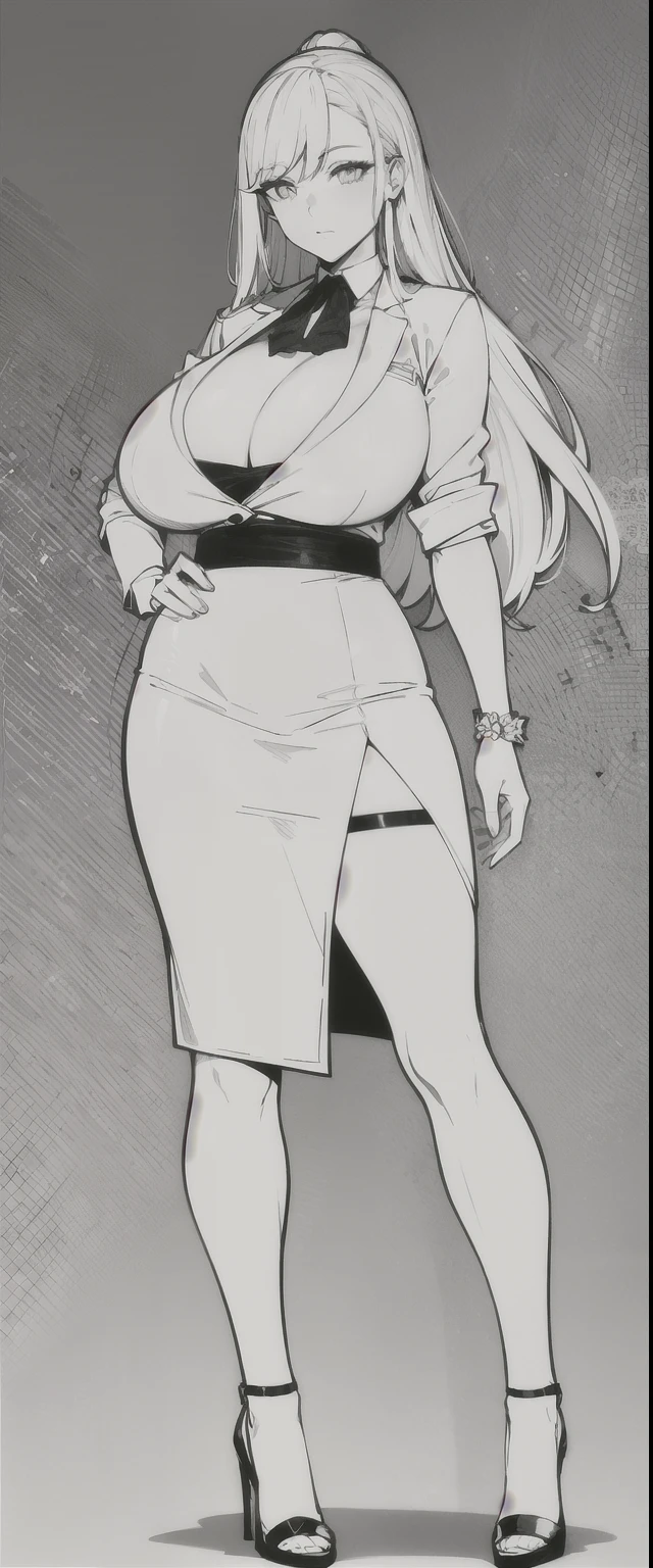 ((best quality, 8K, wallpaper, masterpiece: 1.3)), line art, monochrome, black and white, cartoon style, Have even lines, Drawing of a woman wearing white dress and high heels, slim body: 1.4, milf, Mature, Huge amazing goddess shot, very hot and sexy, powerful and huge, jaw-dropping beauty, japanese goddess, very big breasts, big ass, Very rich facial details, double eyelids, woman in suit, Jacket and sheath skirt, Wearing stockings and high heels, wearing white clothes, Highly detailed full body, Complete character body, Poster text,