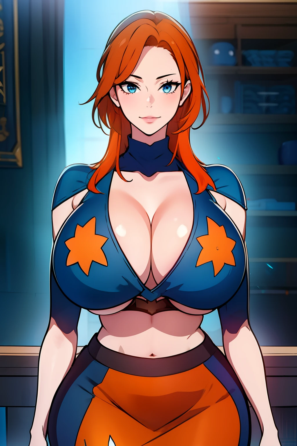 An anime-style artwork depicting ruan mei from the game Honkai star rail.

Tags: ruan mei, anime, detailed eyes, detailed lips, crop top, turtleneck, pencil skirt, smiling expression, intense gaze, glowing emblem on hand, dynamic pose, mystical background, vibrant colors, digital art, high-resolution, professional quality, gigantic breasts, (underboob : 1.4), curvy, cowboy shot, (gigantic breasts: 1.4), (blue eyes: 1.4), (orange hair: 1.4)