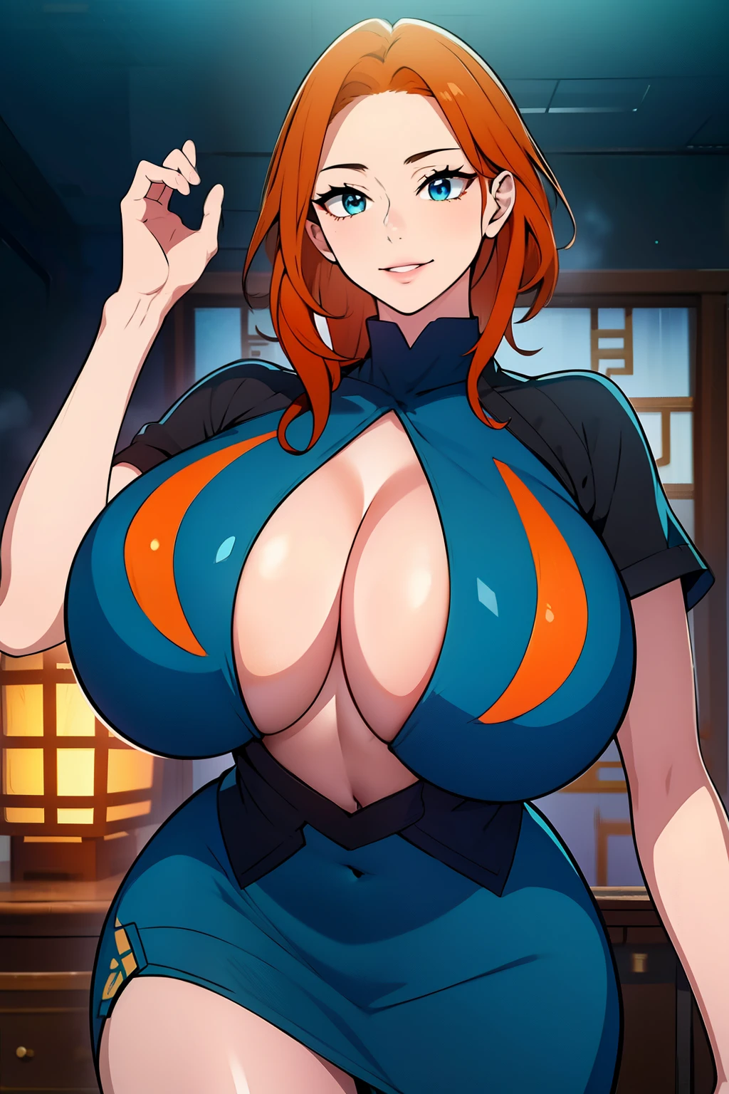 An anime-style artwork depicting ruan mei from the game Honkai star rail.

Tags: ruan mei, anime, detailed eyes, detailed lips, crop top, turtleneck, pencil skirt, smiling expression, intense gaze, glowing emblem on hand, dynamic pose, mystical background, vibrant colors, digital art, high-resolution, professional quality, gigantic breasts, (underboob : 1.4), curvy, cowboy shot, (gigantic breasts: 1.4), (blue eyes: 1.4), (orange hair: 1.4)