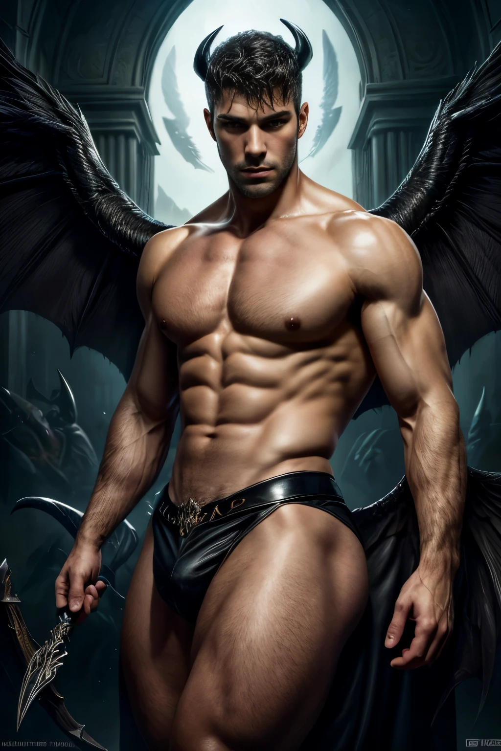 ((obra de arte, melhor qualidade, high resolution)) A handsome man with black demon wings, olhos vermelhos, Orelhas pontudas, muscular