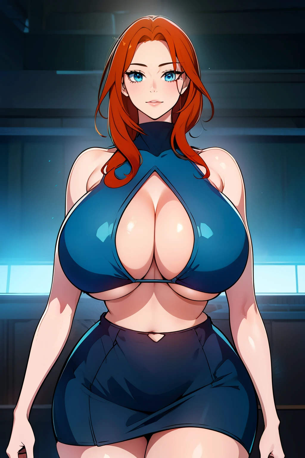 An anime-style artwork depicting ruan mei from the game Honkai star rail.
Tags: ruan mei, anime, detailed eyes, detailed lips, crop top, turtleneck, pencil skirt, smiling expression, intense gaze, glowing emblem on hand, dynamic pose, mystical background, vibrant colors, digital art, high-resolution, professional quality, gigantic breasts, (underboob : 1.4), curvy, cowboy shot, (gigantic breasts: 1.4), (blue eyes: 1.4), (orange hair: 1.4)