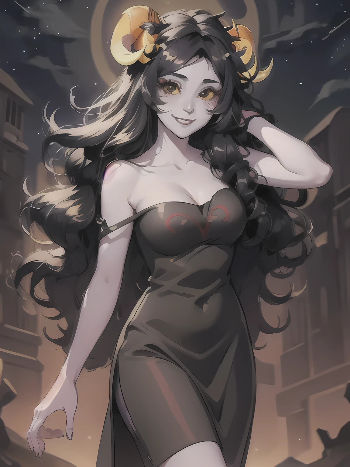 close-up portrait, aradia,  (horns), gray skin, very long hair, [[simple background]], large breasts, cleavage, tube top, sleeveless dress, bare shoulders, collarbone, grin, (black lipstick), eyeliner, mature, (black eyes), (yellow sclera), goth, looking at viewer, night sky, stars, nebula, low angle