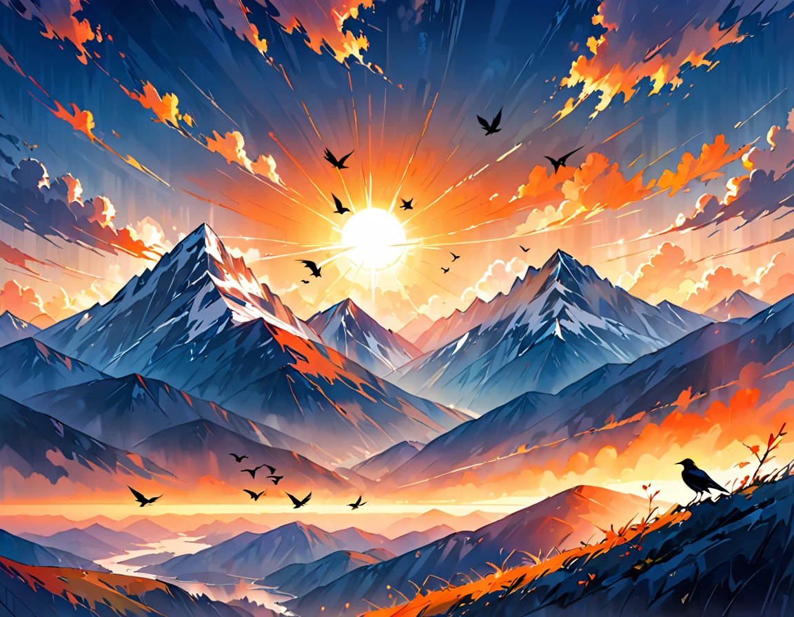 A captivating scene of a large flock of crows, silhouetted against the warm, orange hues of the setting sun. They are flying in unison towards a towering, rocky mountain in the distance. As the sun dips lower, the sky transitions to a deep shade of blue, signaling the approach of night. The mountain, looming large against the horizon, creates a stark contrast with the darkening sky. The overall atmosphere is one of mystery and adventure, with a touch of natural beauty.