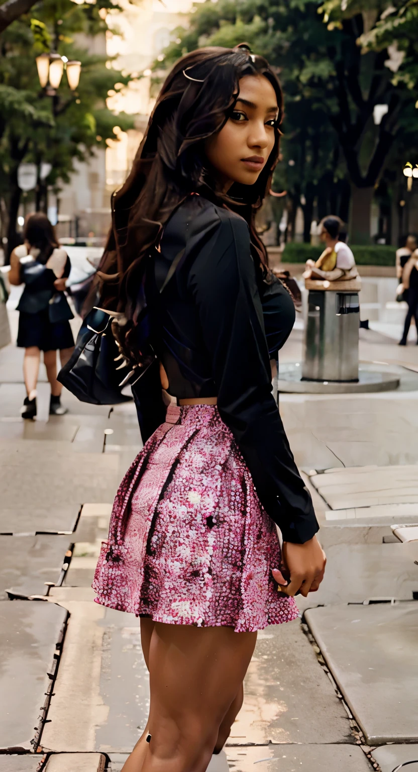 A picturesque corner of Dupont Circle, with its iconic fountain and lush greenery, serves as the backdrop. In the foreground, Maya stands confidently, wearing a flowy geometric print midi skirt in bold colors, paired with a sleek black bodysuit. Her black ankle boots peek out from under the skirt as she gazes thoughtfully into the distance, her red clutch bag adding a pop of color to the scene