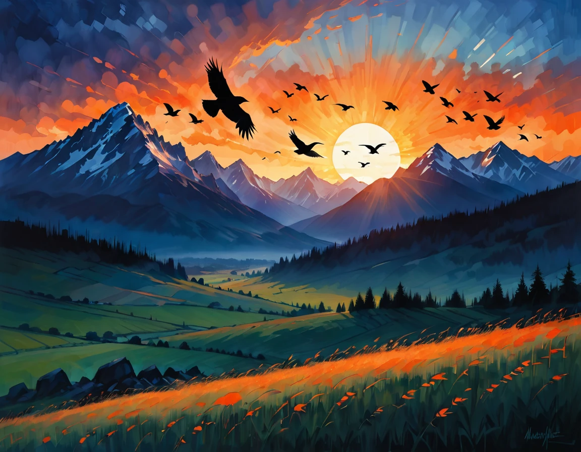 A captivating scene of a large flock of crows, silhouetted against the warm, orange hues of the setting sun. They are flying in unison towards a towering, rocky mountain in the distance. As the sun dips lower, the sky transitions to a deep shade of blue, signaling the approach of night. The mountain, looming large against the horizon, creates a stark contrast with the darkening sky. The overall atmosphere is one of mystery and adventure, with a touch of natural beauty.