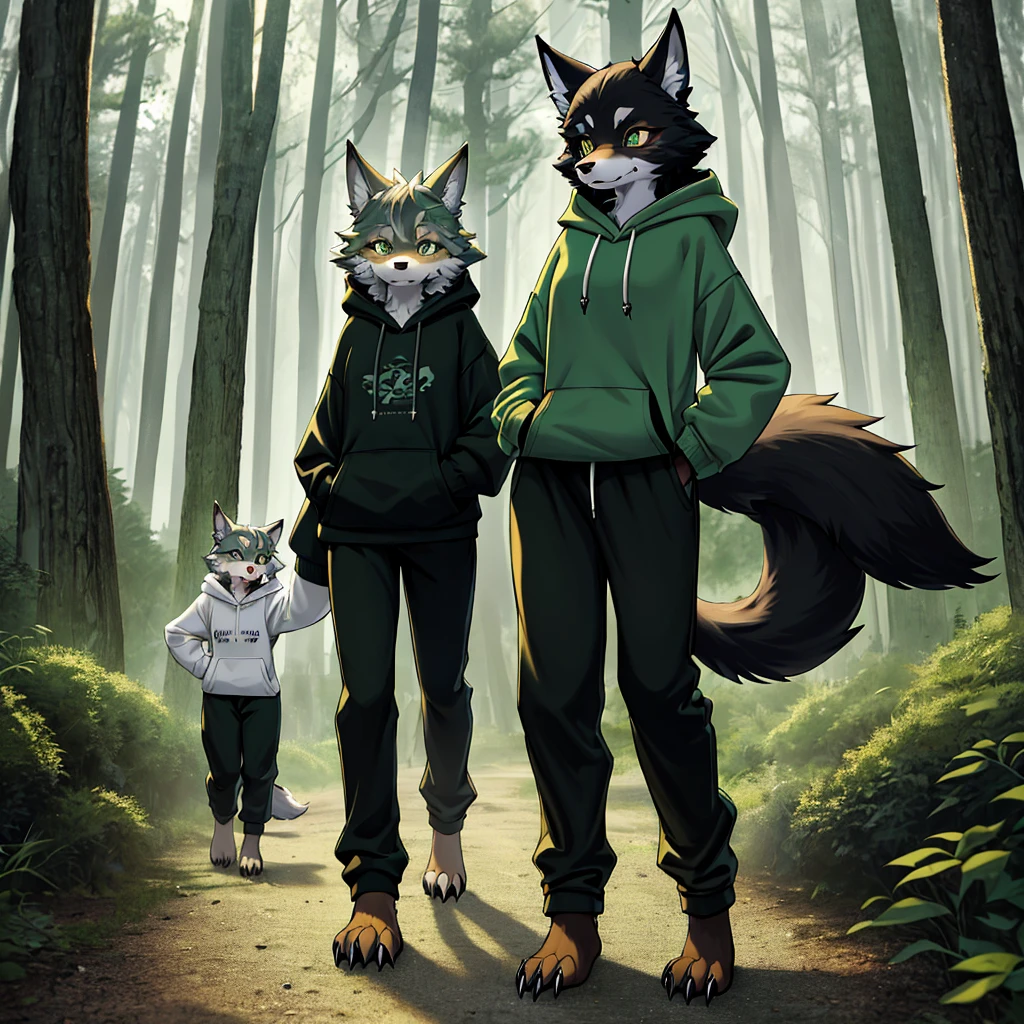 A anthropomorphic wolf, fur being 100% dark green, young and small, hazel eyes, long tail, amazingly soft fur, having black paws, has claws, wearing an oversized hoodie and pants that are long but fit the waist, having complete innocence, playing with something, wandering around the forest