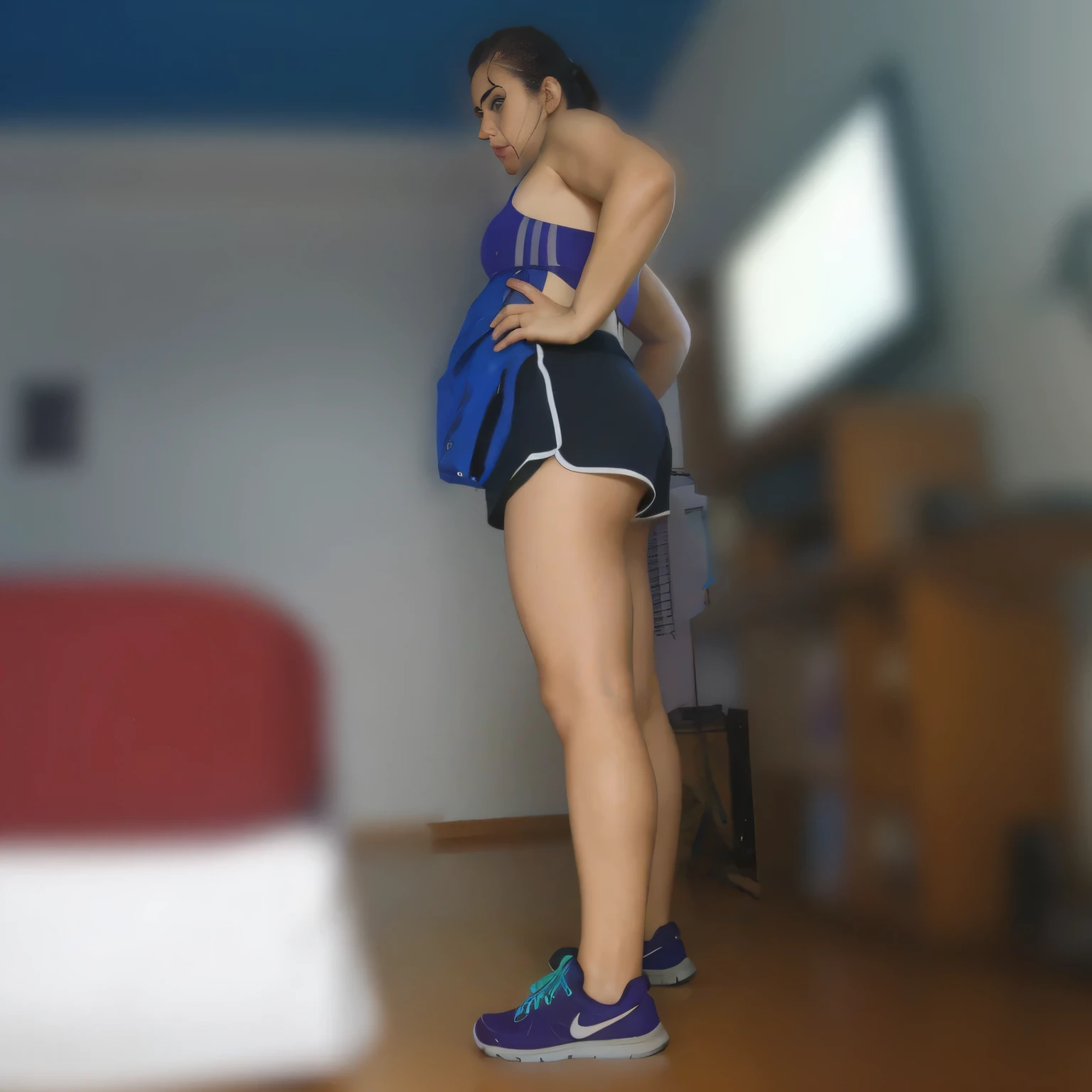 there is a woman standing in a room with a blue jacket, side shot, side profile shot, in shorts, side portrait, side pose, side view of her taking steps, thighs focus, sport bra and shorts, fit pic, 3/4 side view, side view, sport bra and dark blue shorts, sporty physique, side-view, side - view