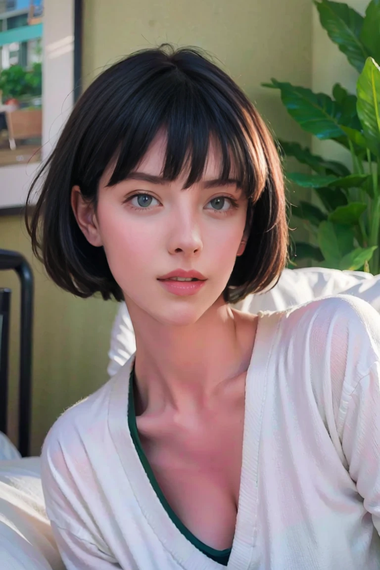 (8K, highest quality, masterpiece:1.2), (software:1.3), (realistic, photo-realistic:1.37), Super detailed, Fubuki, Close up portrait of woman sitting on bed,short black hair,green eyes,Breast size is about G cup,perfect style,dignified and beautiful woman,fubuki, Wearing a white T-shirt without a bra,