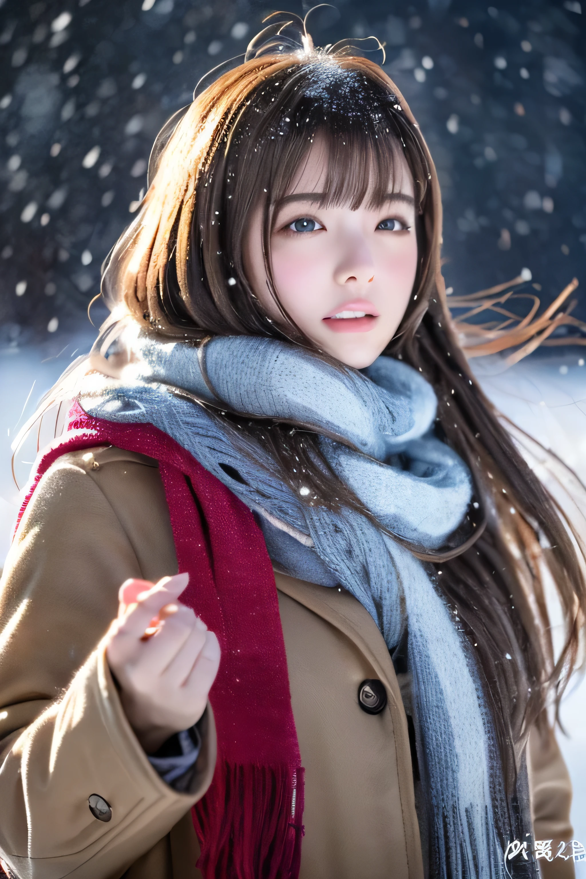 ((hair blowing in the wind、No makeup:1.2))、(realistic、Photoreal、super detailed、best detailed skins、highest quality、masterpiece、超A high resolution)、cute russian woman、14 years、high school girl、young girl、1 girl、have bangs、ash blonde:1.7、double eyelid、drooling eyes、Japanese style face、purity、realistic skin type、thick muffler、Gray muffler、fluffy hair、((There's hair in the scarf:1.3))、red cheeks、The wind is blowing、It's snowing、night、illumination、lighting from behind、hair blowing in the windがステキ、