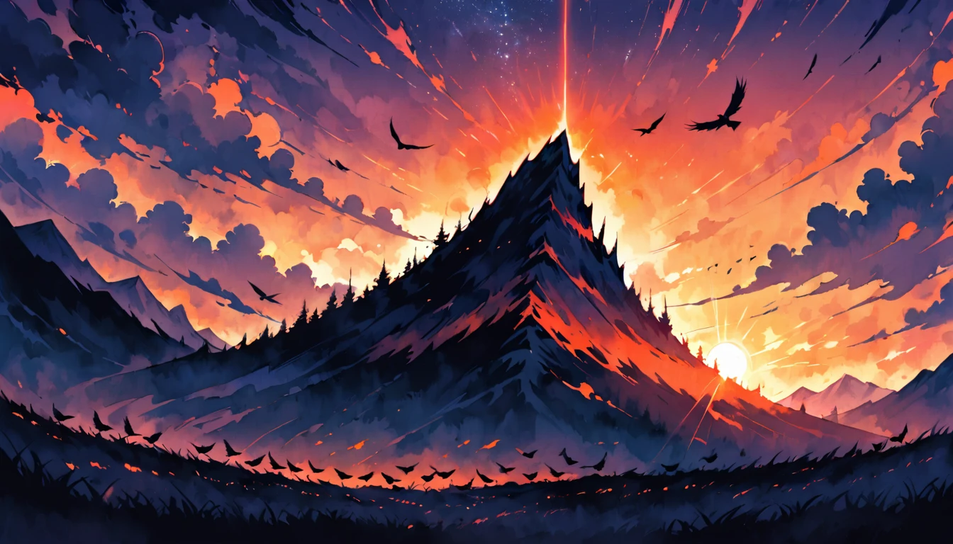 A breathtaking photograph of a vast flock of crows, silhouetted against the glowing, fiery orange hues of the setting sun. The crows are flying in perfect harmony, forming a mesmerizing pattern in the sky. The backdrop features a towering, rocky mountain in the distance, casting a striking shadow against the darkening sky. As the sun dips lower, the sky transitions to a deep shade of blue, signaling the arrival of night. The mountain, looming large against the horizon, creates an awe-inspiring contrast with the darkening sky. The overall atmosphere is one of mystery and adventure, with a touch of natural beauty that captures the essence of the untamed wilderness.