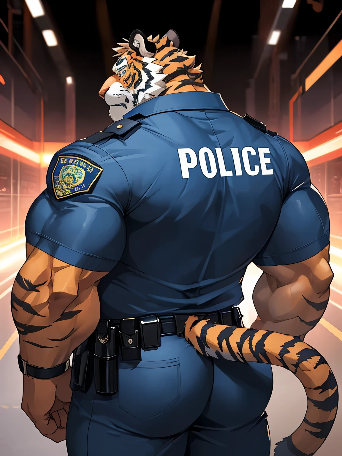 Tiger, good looking, male, anthro, ultradetailed, muscular, solo, bareness, rippling muscles, muscles, prision background, tail, serious, big pecs, looking at viewer, police uniform, bara, big muscles, big butt, rear view, wide hips,