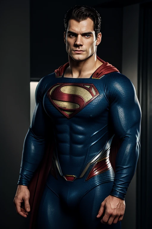1 man, solo, Henry Cavill as Superman, 40s year old, all blue and red details suit, bare hands, big red S symbol on the chest, red cape, strain of hair covering forehead, short cut hair, tidy hair, tall, manly, hunk body, muscular, wide shoulder, straight face, black hair, best quality, high resolution:1.2, masterpiece, photorealism, dark background, detailed suit, detailed face, upper body shot, crossed arms, runic scene in the background
