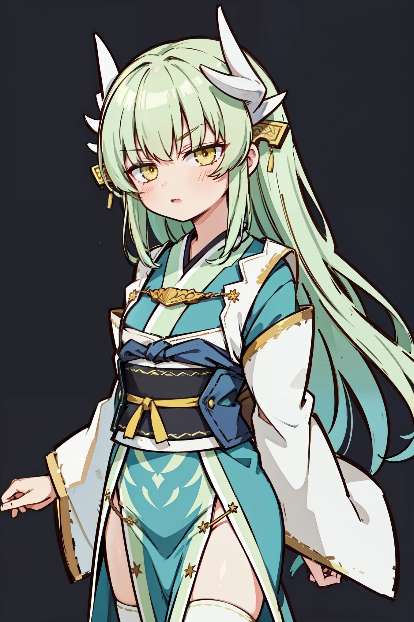 1girl, solo, aakiyo, long hair, green hair, white horns, hair ornament, yellow eyes, wearing a kimono, green kimono, pelvic curtain, white thighhighs, neutral, serious, looking at viewer, upper body, standing, arms behind back, simple background, white background, masterpiece, best quality
