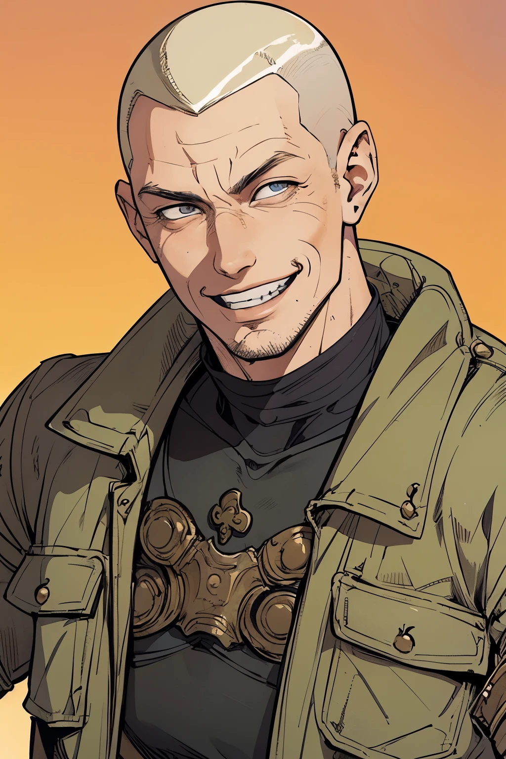 blonde man, buzzcut, military casual clothes, loose fitting, smiling, masculine, rugged, sunny background, SCI-FI, fantasy, smirk, in the style of    Kentaro Miura, 