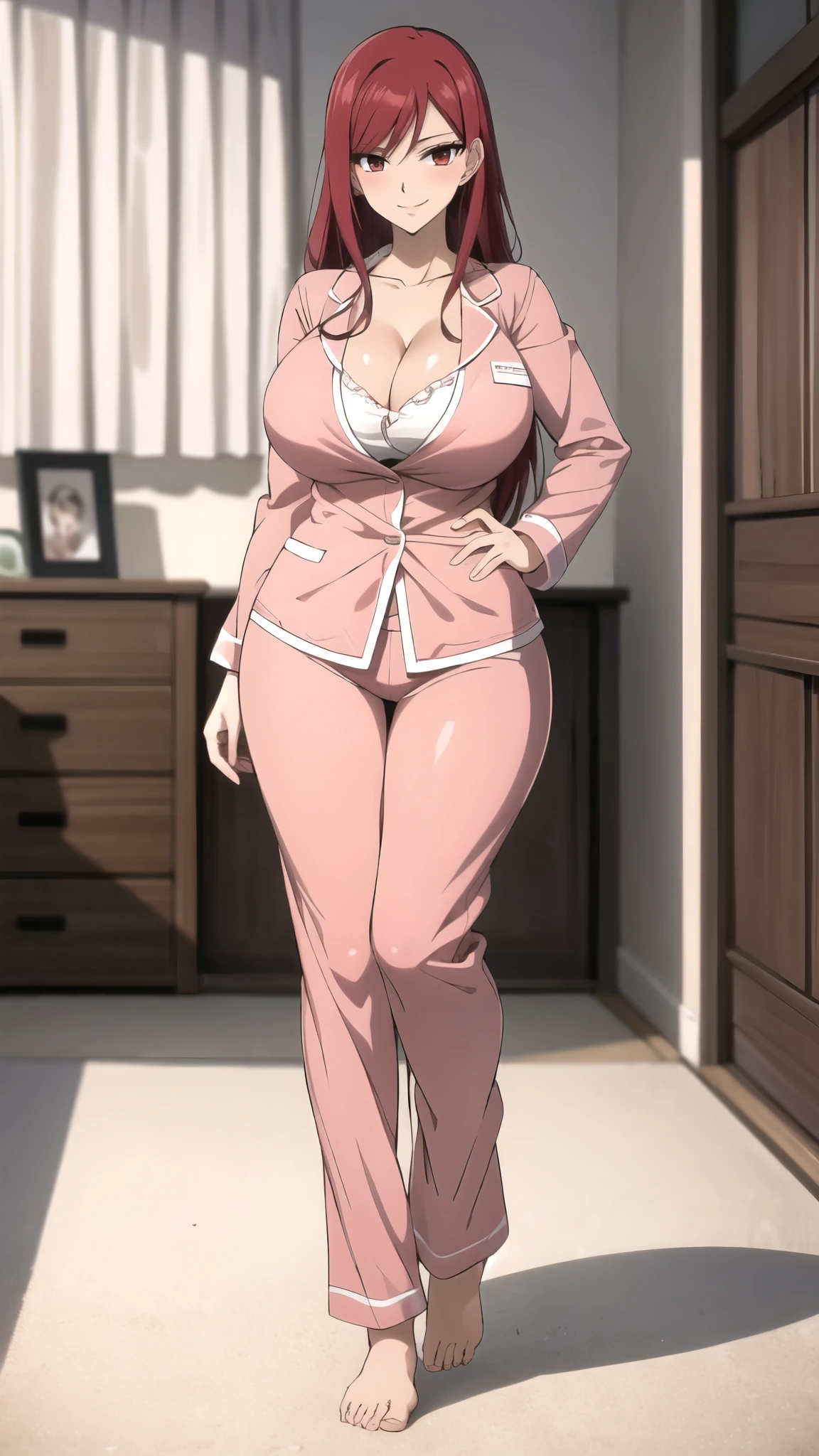 full body,wearing pajamas in her room, cleavage,Erza Scartel, female, 25 years old, red hair, ruby red eyes, smiling and blushing, large breasts, well-shaped rear. Red hair