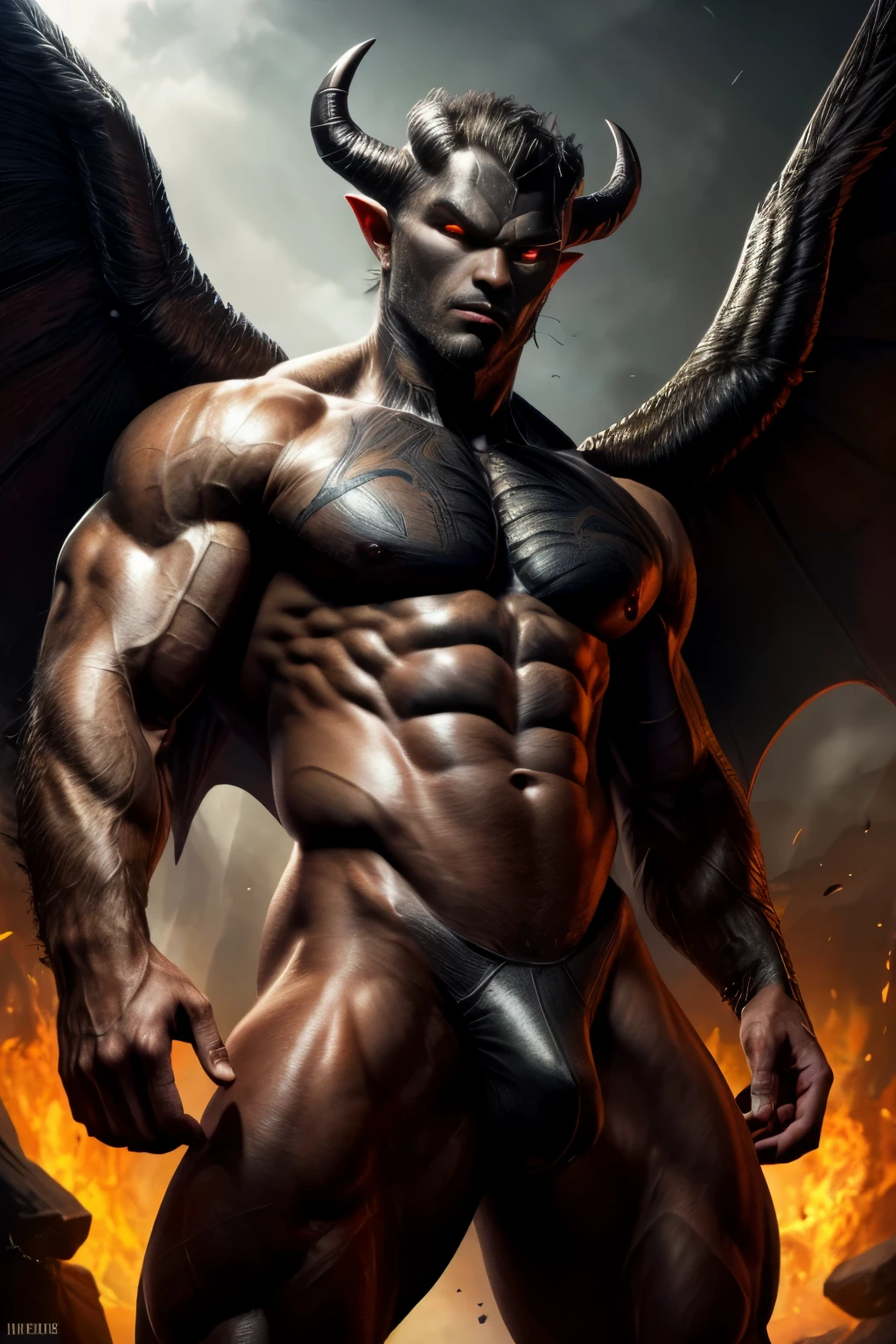 ((obra de arte, melhor qualidade, high resolution)) A handsome man with black demon wings, olhos vermelhos, Orelhas pontudas, muscular